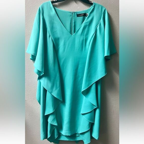 LAUREN RALPH LAUREN GEORGETTE CAFTAN COCKTAIL DRESS TURQUOISE SIZE 12~NWT - Picture 3 of 6